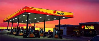 A Loves' gas station at sunset.