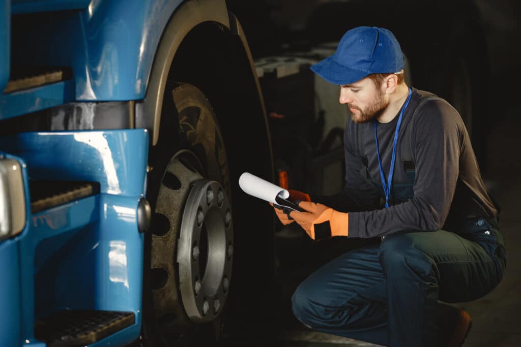 A truck mechanic checking the tires on a semi truck. 